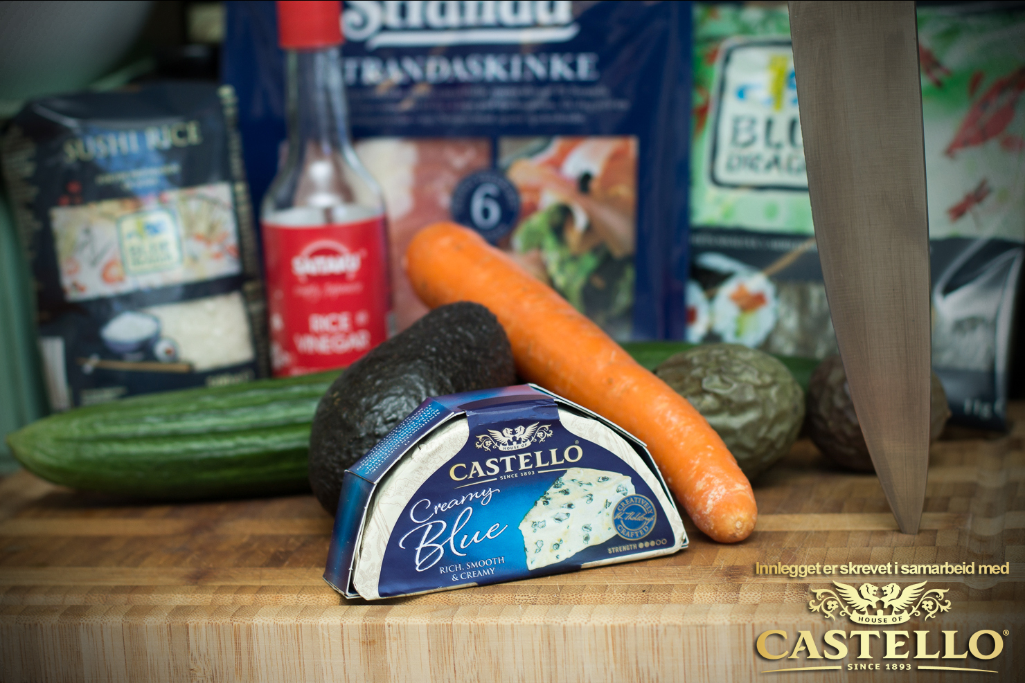 Ingredienser | Castello Blå makiruller med agurk, gulrot, spekeskinke, avokado og pasjonsfrukt | Castello
